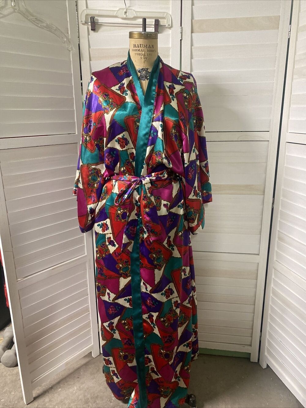 80s 90s Frederick's of Hollywood Satin Long Full Length Jewel Tone Robe Large